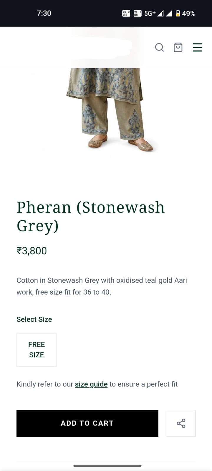 Product page in a custom D2C clothing app — size guide, share button and add to cart with Razorpay checkout